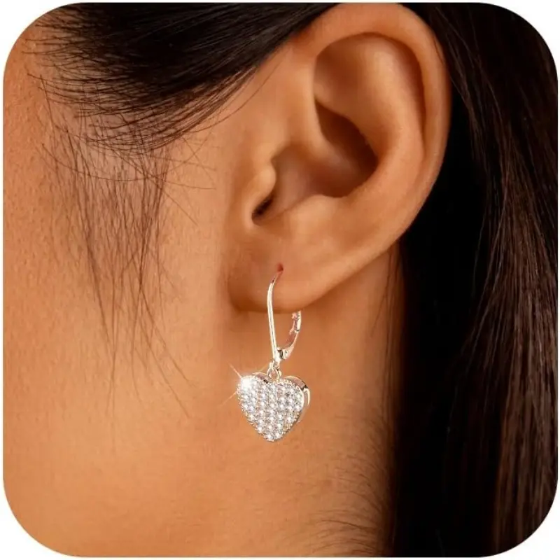 Women's Silver-Plated Heart Shape Earrings with 14K Gold-Plated Cubic Zirconia Drops, Hypoallergenic Leverback Wedding Accessories, Cubic Zirconia Earring