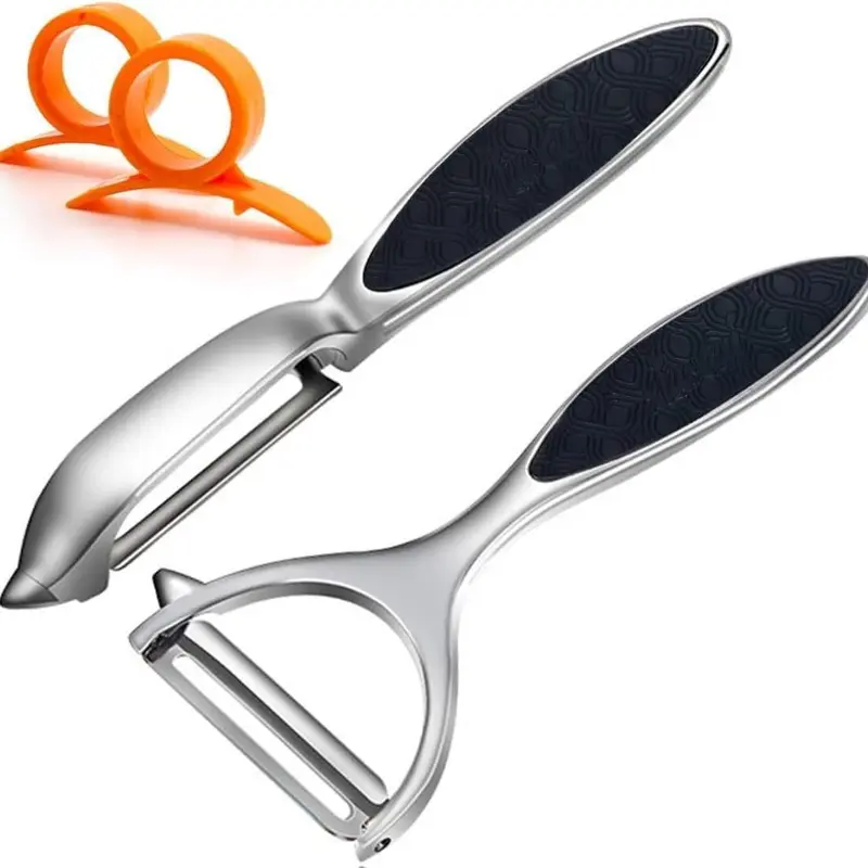 Stainless Steel Multi-Use Vegetable & Fruit Peeler Set - Y-Shape Carbon Steel Swivel Blades, Sturdy Durable, Ergonomic Solid Zinc Grip, 2 Orange Citrus Peelers, Kitchen Utensils for Home Cooking, Left-Handed Users, Arthritis Sufferers