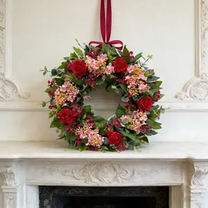 Rose and Hydrangea Wreath, Burgundy Berries Accents, Artificial Flower Ring, Farmhouse Style Front Door Decor, All Seasons, Faux Floral Garland, Decorative Flower Wreath, Decoration