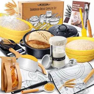 Sourdough Starter Kit for Beginners, 34 oz Starter Jar with Marking, 2 Proofing Baskets, Complete Bread Baking Kit with Guide & Recipes, Easy to Use & - Yellow