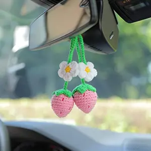 Crochet Strawberry Design Hanging Ornament, Car Rearview Mirror Hanging Decoration, Car Interior Accessories, Funny Gift, Car Trinkets
