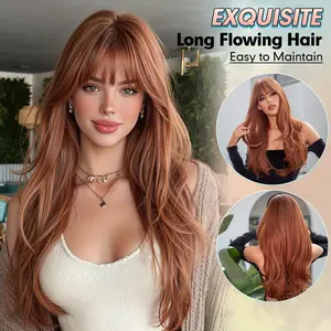 26-Inch Loose Wave Wigs in a Dirty Orange Shade with Tidy Bangs; Perfect for Halloween; Embodying Dopamine Style; Featuring a Fluffy Hair Net; Creating a Festive Vibe; Ideal for Back to School; a Must-Have for Newcomers; Rose Net Cap; Made from High