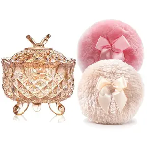Luxury 4 Inch Glass Powder Container with 2 Soft 3.5" Puffs | Non-Sealed Refillable puff Jar |   Loose Powder Storage(Butterfly-Amberl)