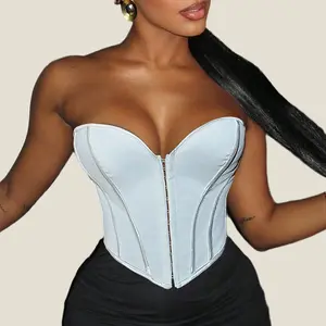 Y2K Boned Grommet Eyelet Front Lace Up Back Backless Overbust Shapewear Corset Tube Top Music Festival