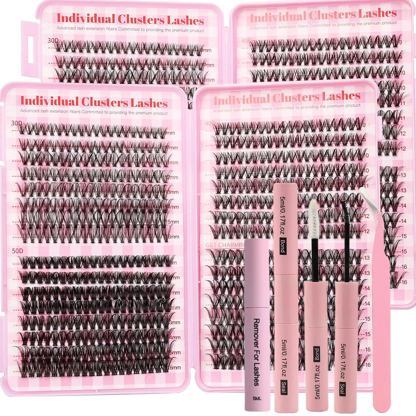 2 boxes of 1280 luxury eyelash extension kits - large capacity combination eyelashes with D-curled single eyelashes, eyelash clusters, eyelash bonding and sealing, and tweezers - mixed 9-16mm eyelash extension kit for DIY eyelash extension