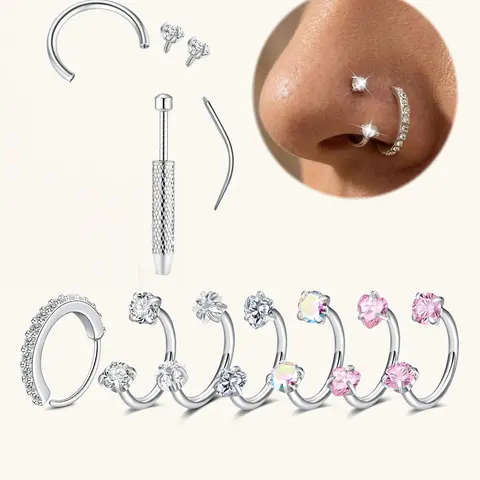 316L Stainless Steel CZ Horseshoe Nose Ring, Hypoallergenic Internally Threaded Septum Hoop, 18G/20G 8mm, Cubic Zirconia Body Piercing Jewelry for Women & Men, Ideal for Nose, Cartilage & Lip Piercings