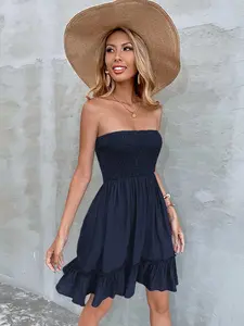 Ruffle Hem Shirred Bodice Solid Tube Dress