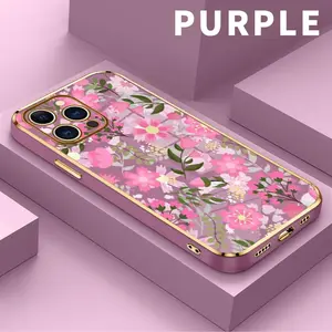 Case for iPhone 17 Air 15 Pro Max 16 14 Plus 13 12 11 Floral Delight Dream Luxury Golden Edge Elecroplated TPU Camera Lens Protection Shockproof Phone Cover Gift