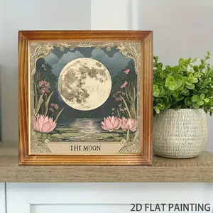 2D Flat Painting - Enchanted Moon and Pink Lotus Wall Art - 8x8 Inch Vintage-Style Decorative Plaque with Frame, Light Design, Perfect for Home, Office, Bar, or Club - Ideal Housewarming Gift, Moon Decor