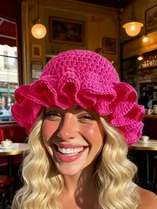 Women's Y2K Style Handmade Crochet Ruffle Edge Knitted Hat, Hollow Knit Bucket Hat, Casual Fitted Design, Suitable For Daily Wear, Perfect for All Occasions
