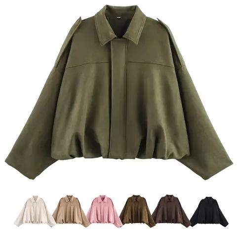 Yimoon Women's Faux Suede Jacket -2026 Spring/Autumn Vintage Solid-Color Collared Zip-Up Long-Sleeve, Loose Batwing Sleeve with Epaulets Bomber Warm Outerwear, Basic Top