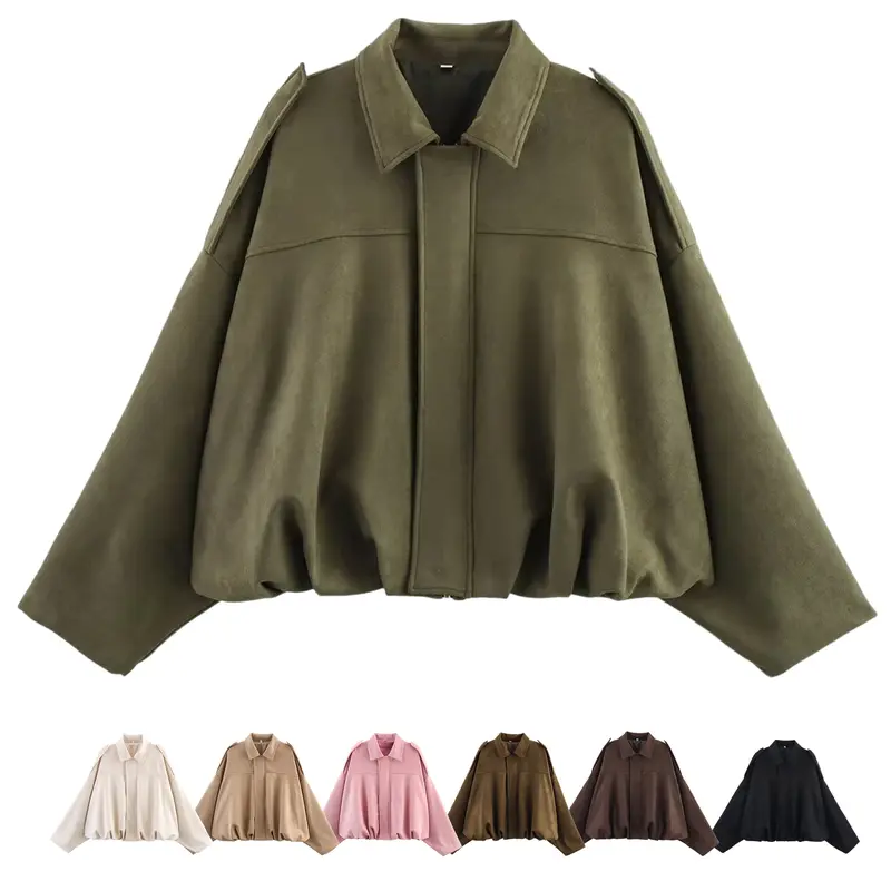 Yimoon Women's Faux Suede Jacket -2026 Spring/Autumn Vintage Solid-Color Collared Zip-Up Long-Sleeve, Loose Batwing Sleeve with Epaulets Bomber Warm Outerwear, Basic Top