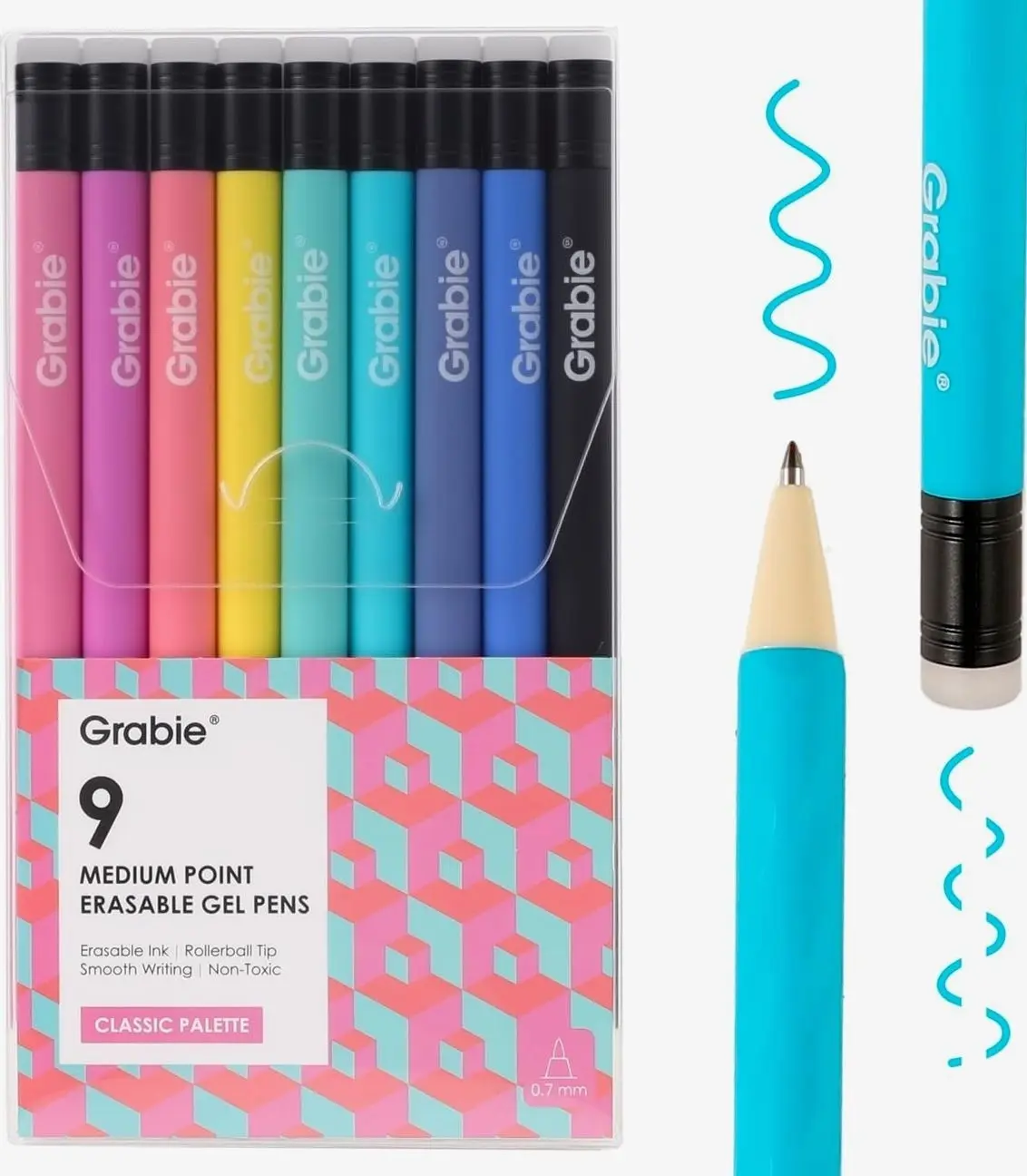 Grabie Erasable Gel Pens, 9 Medium Point 0.7 mm Pens, Classic | Thermo-Sensitive Gel Ink, Clean Erasing, Smooth Writing, Vibrant Assorted Colors, Twist-up Design, Drawing, Journaling