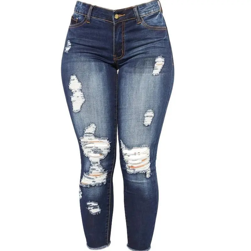 Stretchy Women's Skinny Jeans, Butt Lifting Distressed Denim Pants with Pockets and Ripped Hole Trousers Womenswear Bottom Vintage Polyester Fabric Slim Streetwear Sea Blue