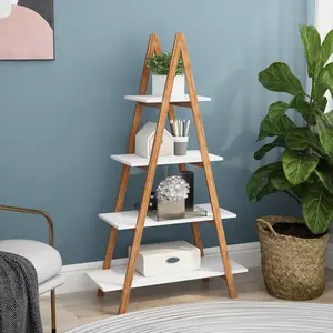 4-Tier A-Shaped Bamboo Ladder Bookshelf, 31.5×11.81×53.54in Minimalist Open Display Shelf, E1 MDF Board with UV Painting, Scratch-Resistant 40lbs Capacity Storage Rack for Home Office Room Photo Artistic Decoration, Easy Assembly