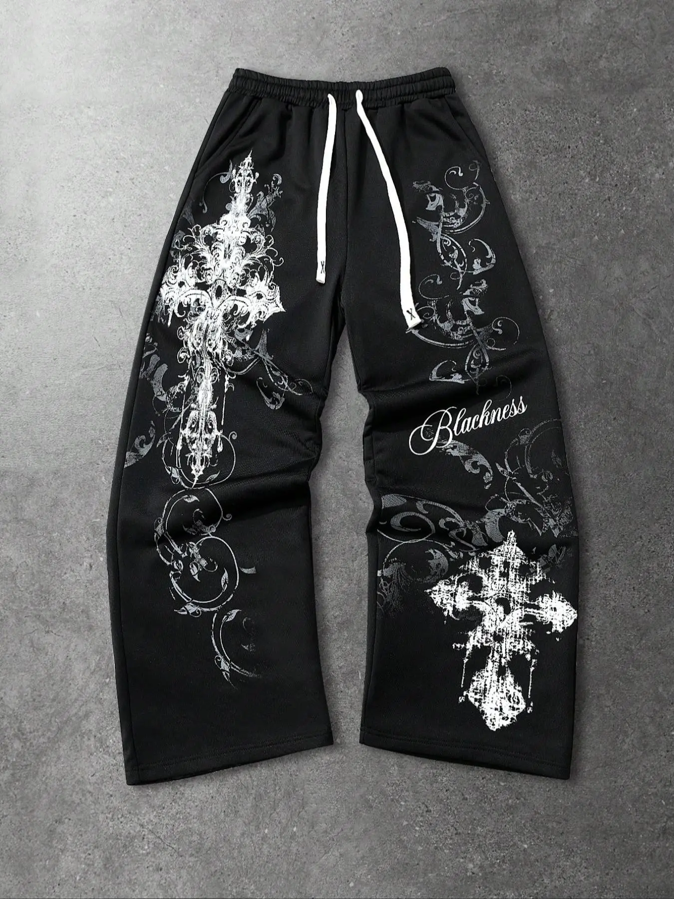 Unisex street style "Blackness" Gothic cross print dark-style sweatpants/trousers. Y2K fashion, Gothic style bottoms, suitable for streetwear, Y2K outfits, Gothic outfits. Men's gift, couple's matching outfit