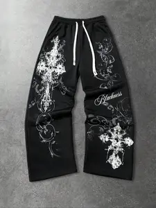 Unisex street style "Blackness" Gothic cross print dark-style sweatpants/trousers. Y2K fashion, Gothic style bottoms, suitable for streetwear, Y2K outfits, Gothic outfits. Men's gift, couple's matching outfit