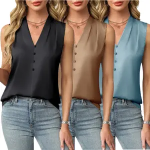 EncoLax 3Pack Satin Tank Tops Womens V Neck Sleeveless Camisole 2026 Basic Shirts Casual Blouses