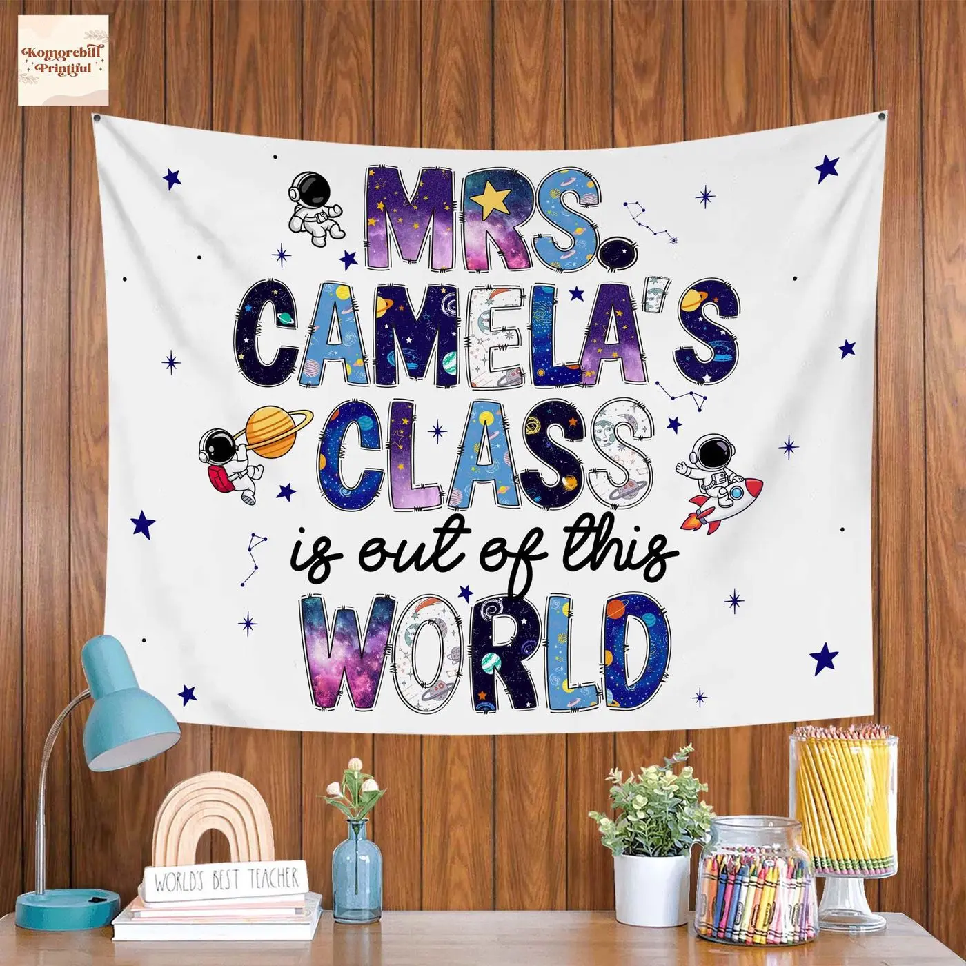 Customized Teacher Classroom Tapestry Back To School Gift, Teacher Gift, Outer Space Theme Teacher Name Tapestry, Welcome to Classroom Decor