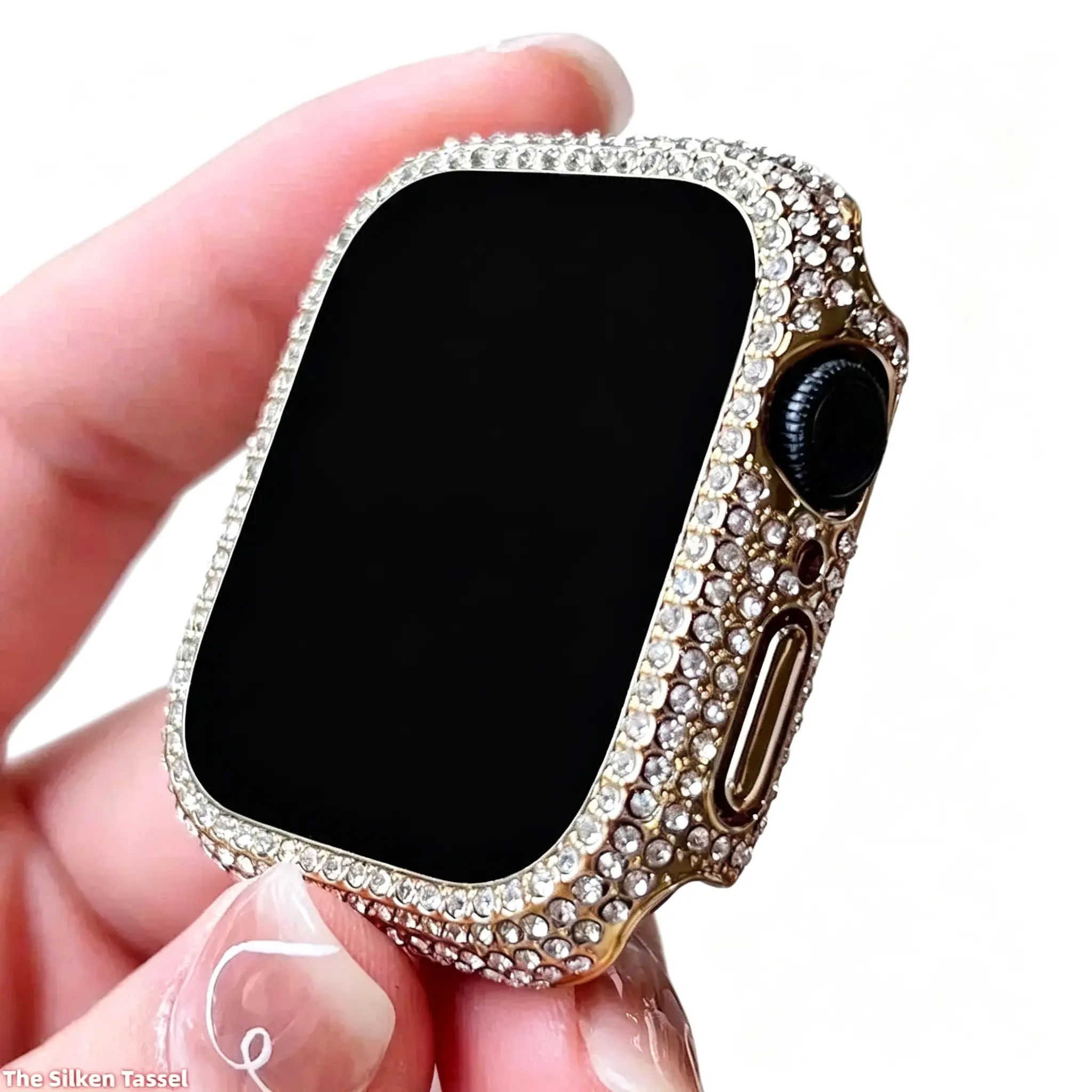 Rhinestone Tempered Glass 2-in-1 Watch Case Accessory - Bling Crystal Bumper with Screen Protector, Shockproof Full Cover Digital Wearable Protection, Charging Port Compatible DIY Bag Accessories (Strap Only)