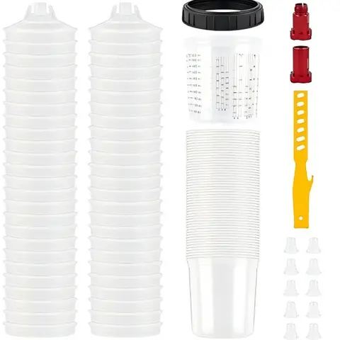 Disposable Plastic Paint Spray Gun Kit - 20oz (600ml) 50-Set Inner/Outer Liners, 2 Red Adapters, Stirrer, 1 Hard Container with Retainer Ring, Reusable Lids, Universal Fit, Consistent Paint Flow, Quick Modular Setup for Automotive Coating