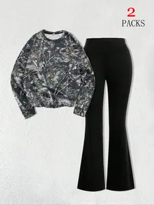 Women's Camo Print Sweatshirt Set, Loose-Fit Casual, Comfortable Summer Wear, Daily Use Digital Print Design