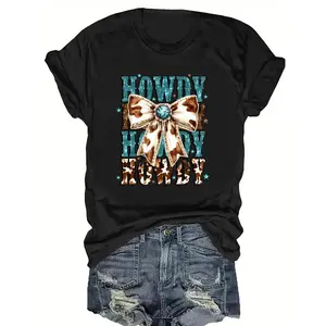 Women's Cotton Short-Sleeve Round Neck Casual Western Graphic T-Shirt Top - Black, Cowboy Letter Print, Bow Tie Motif, Fitted Cut, Machine Washable, All-Season Wear, Shortsleeve