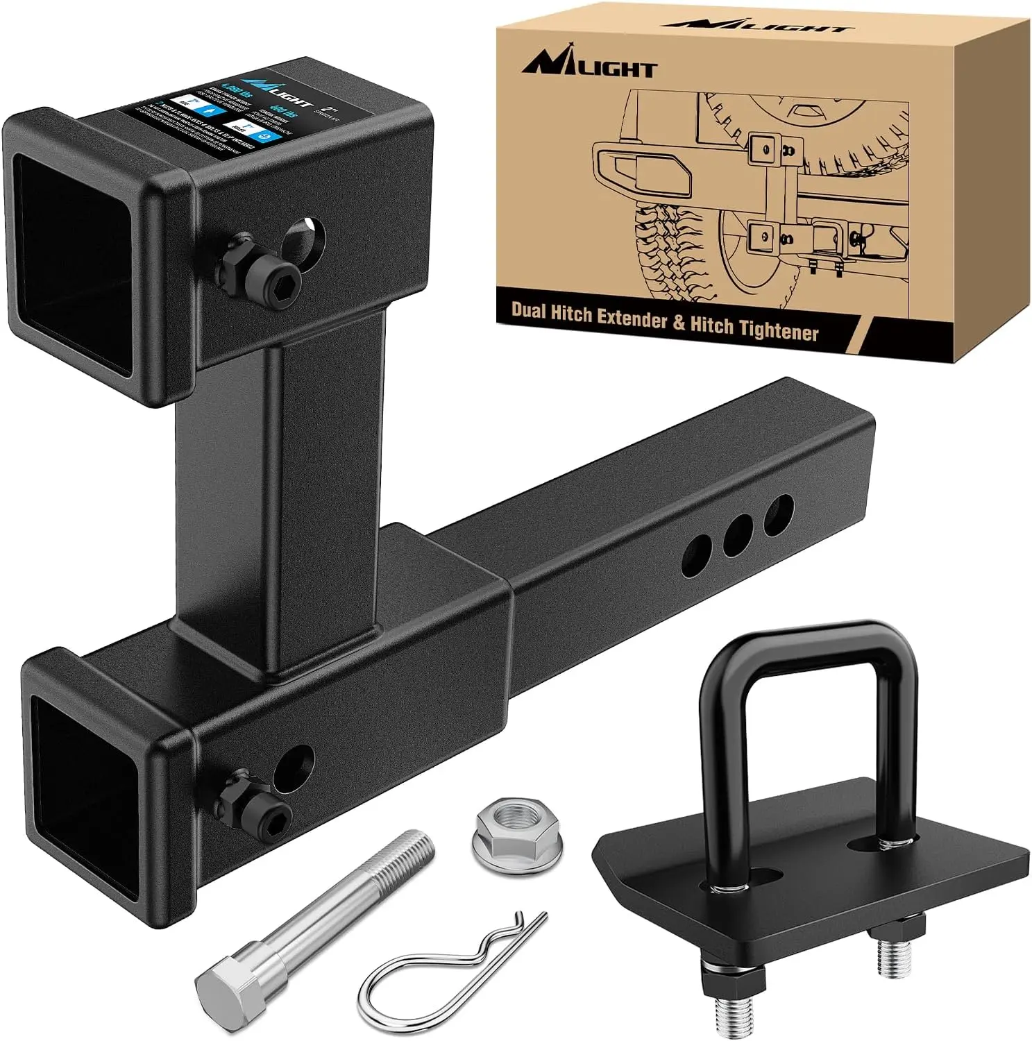 Nilight Dual Hitch Extender with Hitch Tightener for 2" Receiver, Towing & Boating & Camping Accessory, 10" Max Extension, 5/8" Bolt Nut Clip, 7.5" Adjustable Rise/Drop, 4000 lbs GTW, Corrosion-Resistant, Full-Edge Welding, Matte Black
