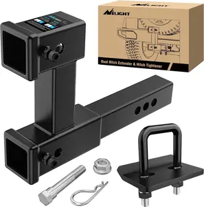 Nilight Dual Hitch Extender to 10 Inch Max Extension Length with Hitchs Tightener Anti Rattle for 2" Receiver with 5/8" Bolt Nut Clip Adjust 7-1/2" Riser or Drop 4,000 lbs GTW Matte Black