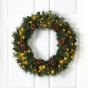24” White Mountain Pine Artificial Christmas Wreath with 35 LED Lights and Pinecones