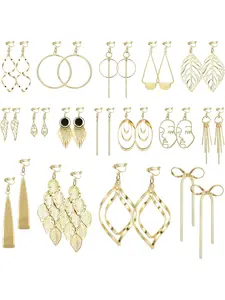 16 Pairs Gold Silver Clip on Dangle Earrings Set for Women Trendy Boho Dangling Clip Earrings Comfortable Fashion Bow Earrings Non-pierced Hypoallergenic Mom Gifts for Mothers Day