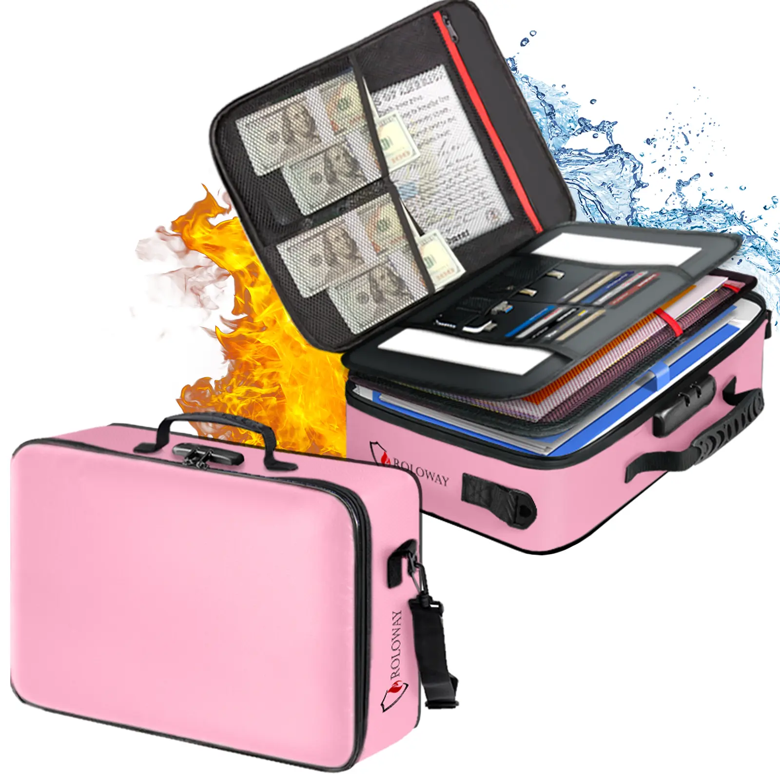 ROLOWAY Fireproof Locking Document Bag - 17x11.8x5in Pink Durable Pouch with Multiple Pockets, Home Organizer for Secure Passport & Document Storage, Travel Essential