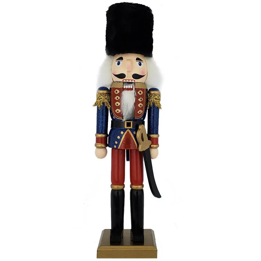 Traditional Soldier Nutcracker Blue Red and Black Fur Hat 15 inch