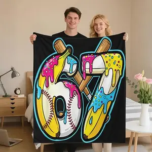 Gen Alpha Art 1Pc Funny Banana & Ice Cream Meme Flannel Blanket With Number 67 Drip Design Soft Lightweight All-Season Throw For Bed Sofa Travel Christmas Gifts