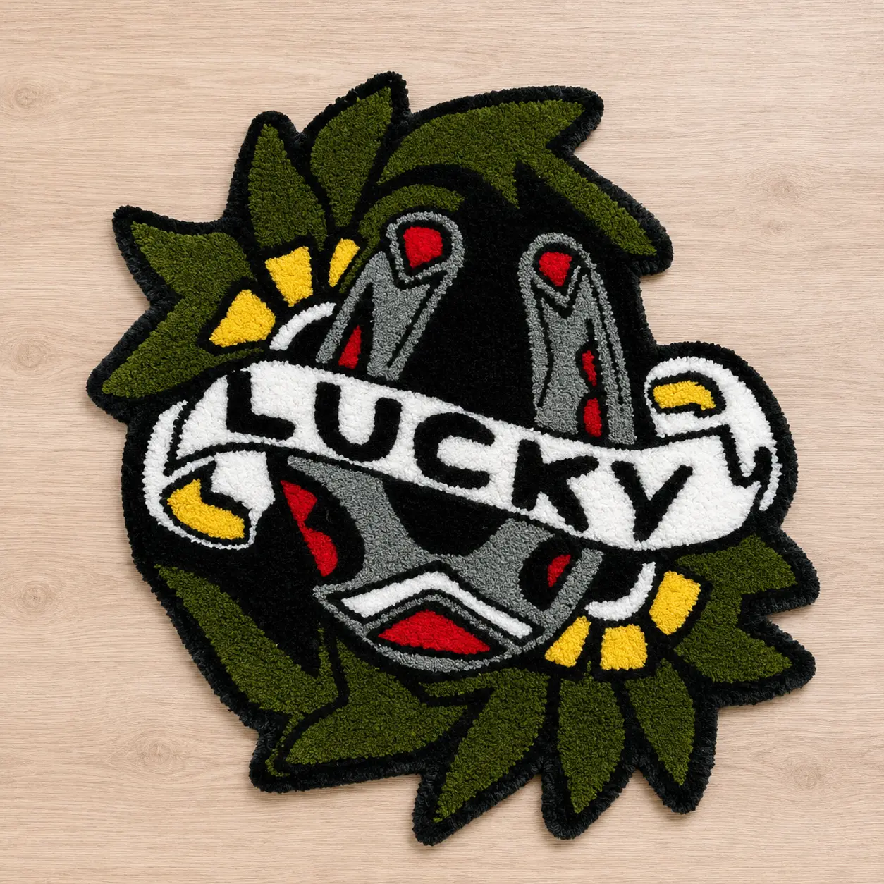 Handmade Lucky Tattoo Style Tufted Rug 25 x 25 Inches – Horseshoe Statement Rug, 100% Acrylic