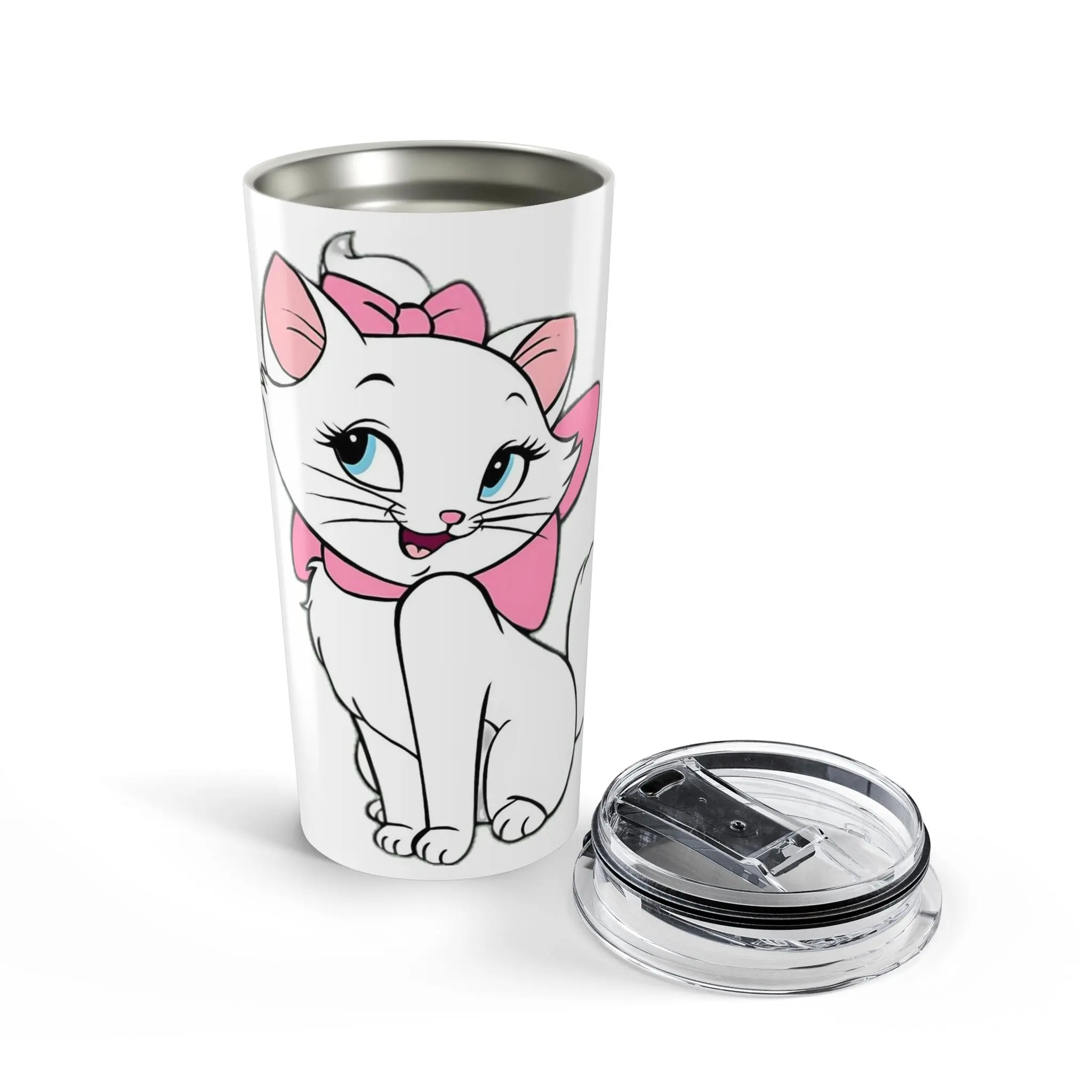 20oz Portable Cute White Kitty with Pink Bow Tumbler - Animals-Themed Kitchenware Drinkware Accessory, Double-Wall Construction, Durable, Dishwasher-Cleanable, Keeps Drinks Hot or Cold