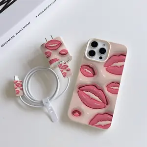 5 Piece Set Antique Lip Phone Case Pattern, Charger Head Cover, Cable Protector, Storage Rope, Anti-Drop Tpu Case for iPhone