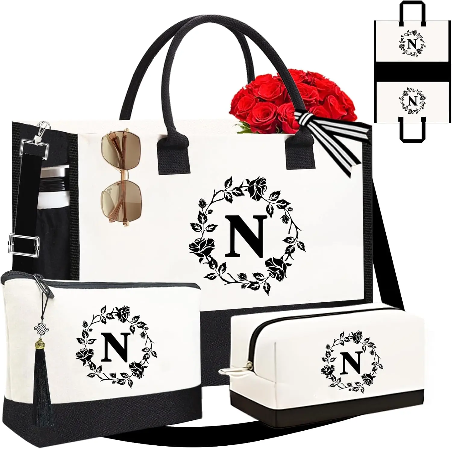 Adyoung Monogrammed Tote Bags, 3 count Initial Personalized Monogram Tote Bags for Women, Birthday Gifts Tote Letter Canvas Bag