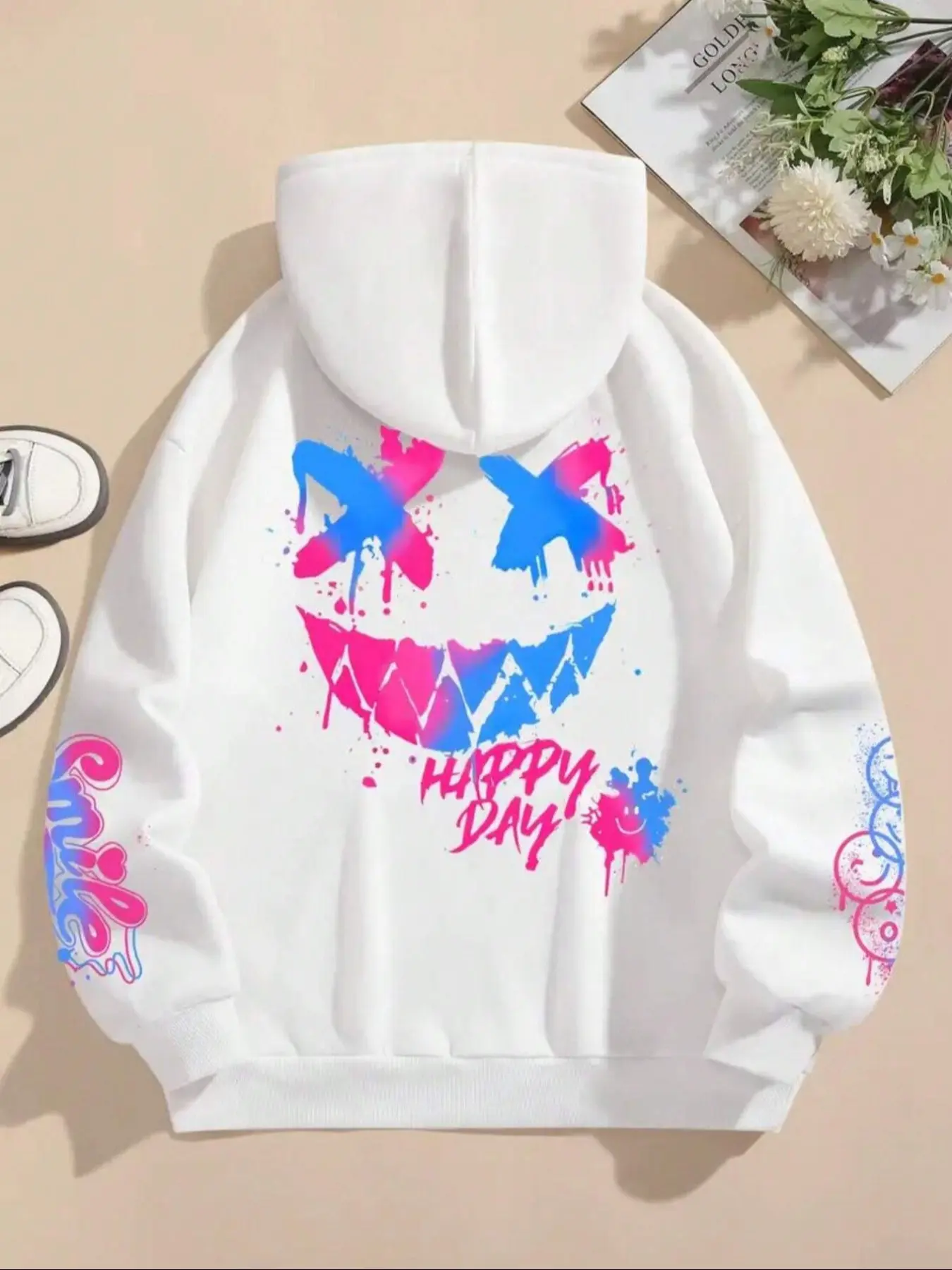 Women's Casual Fitted Long Sleeve Hoodie, Trendy Print Design, Moderate Fabric Thickness, Perfect for Fall & Winter Seasons, Sweatshirts, Fashion Sweatshirt, Knit, Dye Hoodie, Casual Hooded Sweatshirts