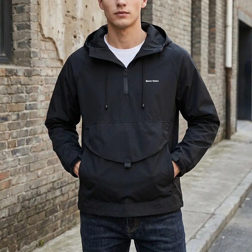 Men’s Half Zip Hooded Anorak Windbreaker Water Resistant Lightweight Pullover Jacket with Big Kangaroo Pocket, Black Off White Lemon Yellow for Daily Street Hiking Wool Blend Winter Trench Coat adaptive clothing Sherpa Lined Plaid Zip-Up heavyweight