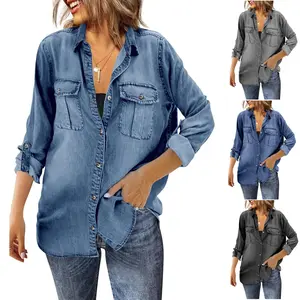 FMEYOA Womens Button Down Denim Shirt Long Sleeve Roll Up Casual Oversized Jean Shirt Jacket Distressed Tunic Tops