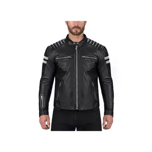 Men's Striped Padded Shoulder Moto Leather Jacket - Premium Quality Genuine Leather