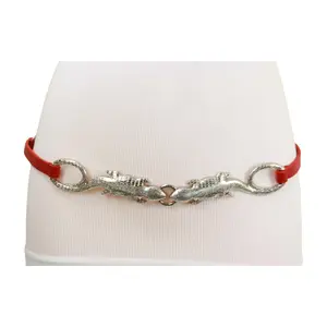 Women Red Strap Belt - Hip High Waist Skinny Band Silver Metal Lizard Gecko Charms S M L