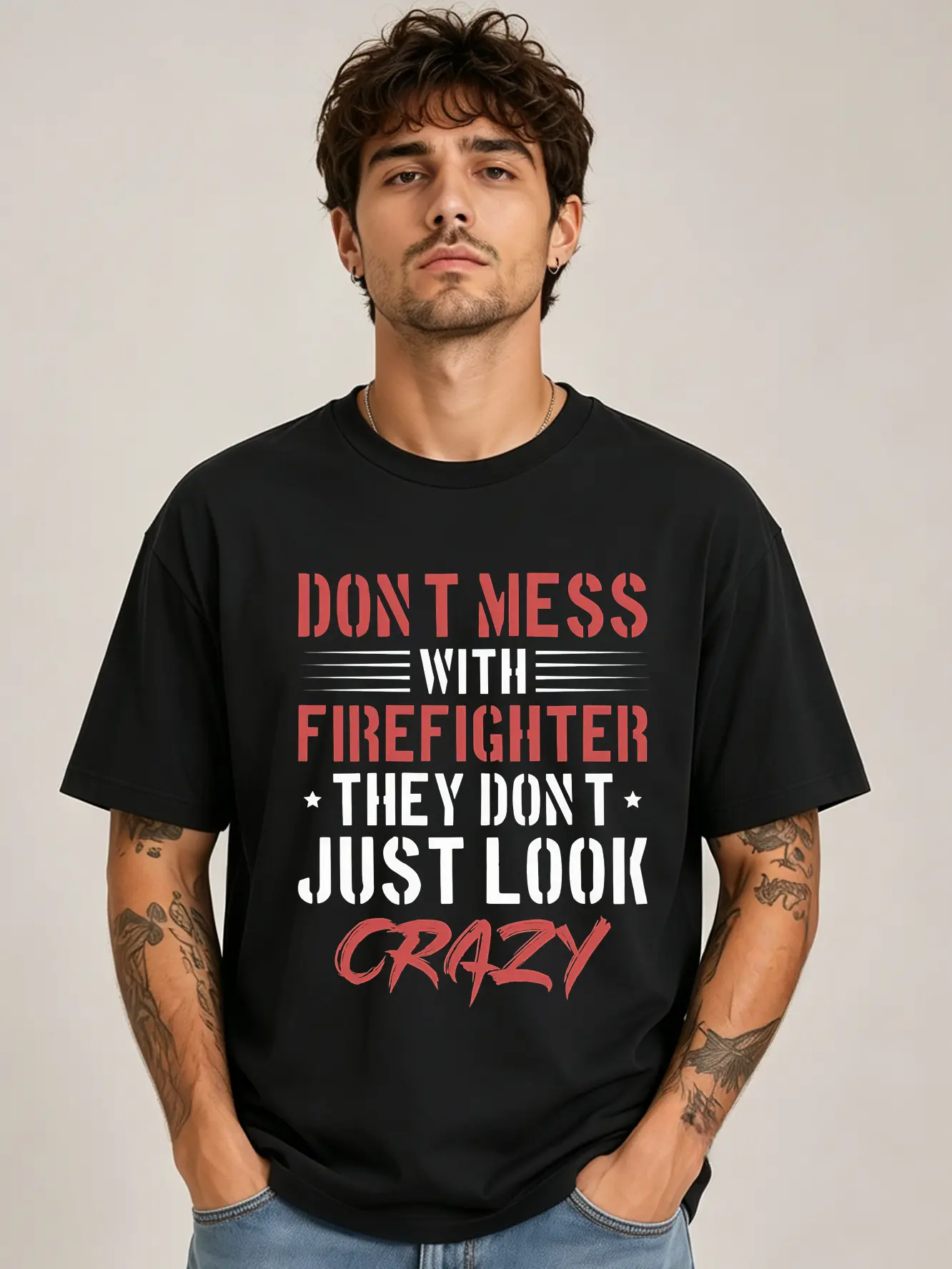 Men's Cotton Short Sleeve Graphic T-Shirt - Stylish Casual Outdoor Firefighter Apparel, Don't Mess With A Firefighter Funny Attitude Design, First Responder Dark Humor Printed Tops, Shortsleeve