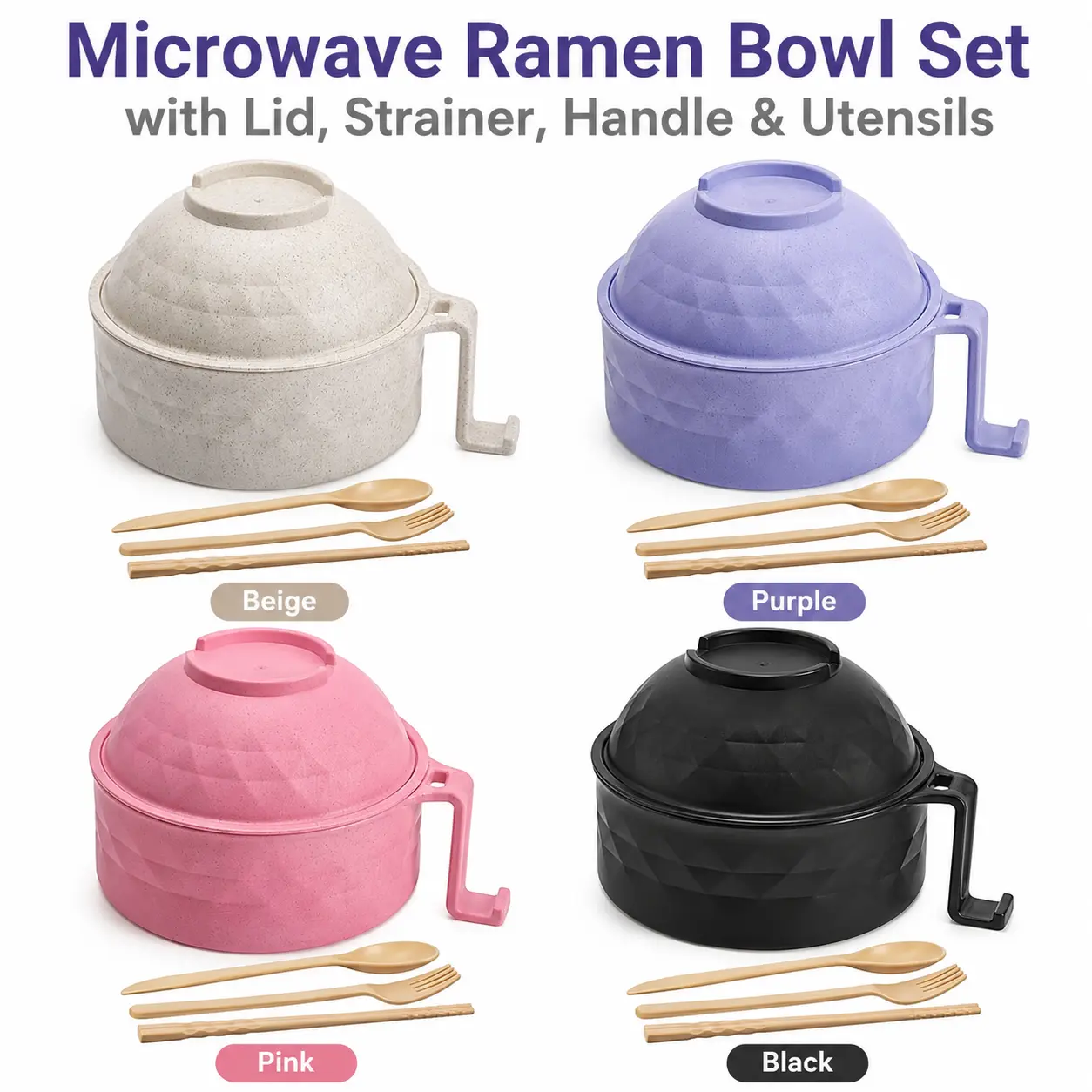 ONESHOW 1200ML Microwave Noodle Bowl with Strainer Lid, BPA Free Ramen Bowl Set with Spoon & Chopsticks for Soup, Pasta, Rice and Meal Prep