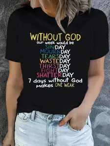 Women's T-Shirt with "God" Lettering Print - Short Sleeve Crew Neck Casual Top, Spring Summer Blouse for Church, Study & Casual Attire - Moderate Elasticity Comfortable Religious Apparel