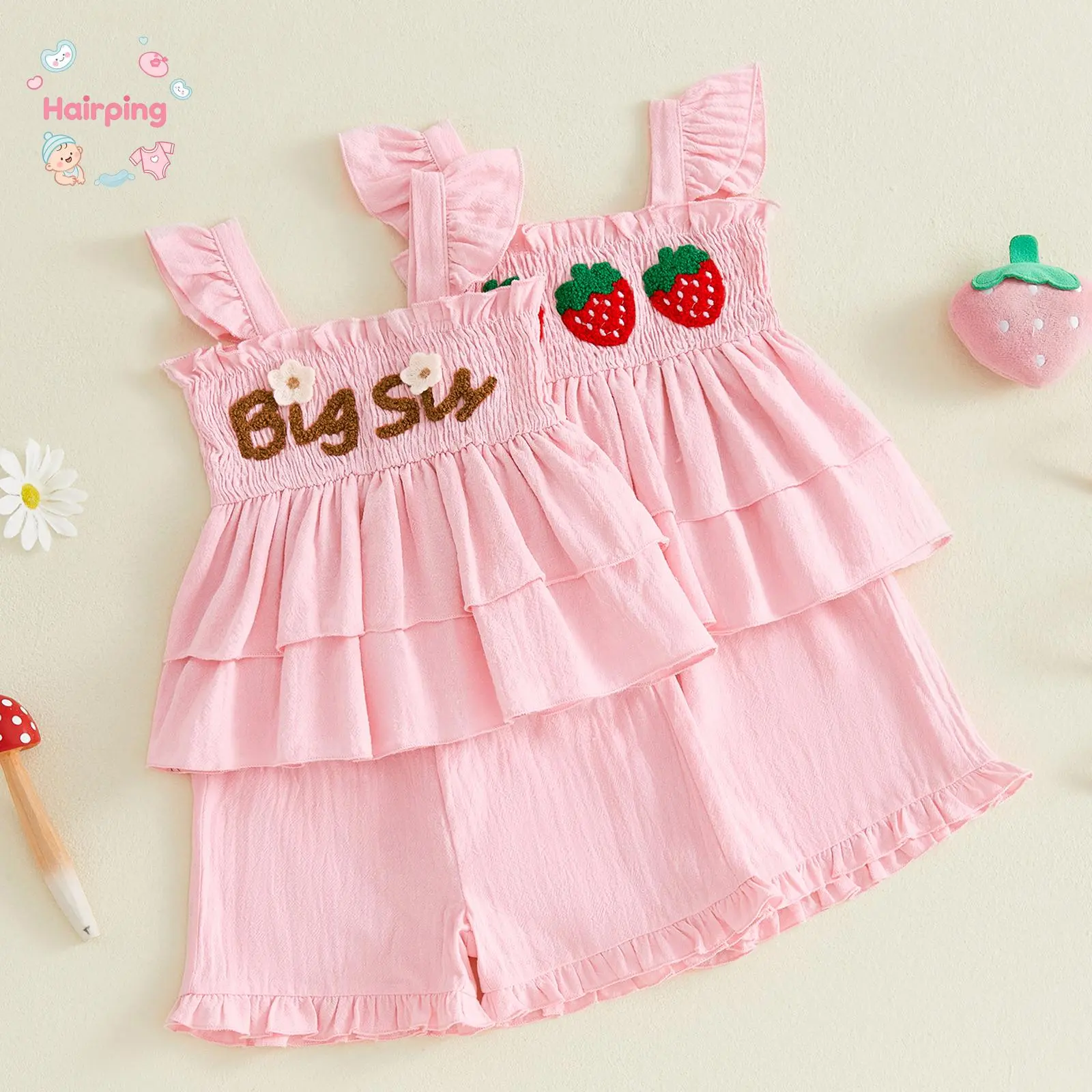 Infant Strawberry Themed 2-Piece Gift Set - Bright Pink Ruffled Layered Top & Shorts, Lightweight Breathable Material, Adorable "Big Sis" Design, Budget-Friendly Baby Clothing for 12-18 Months