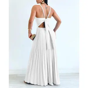 ChicMe Women's Bandeau Sleeveless Pleated Dress Elegant Flowy A Line Maxi Dress