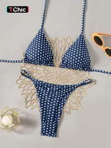Women's Sexy Triangle Bikini Set, Halter Neck Strapless Polka Dot Print Swimsuit, Summer Beach Vacation Fashion Swimwear