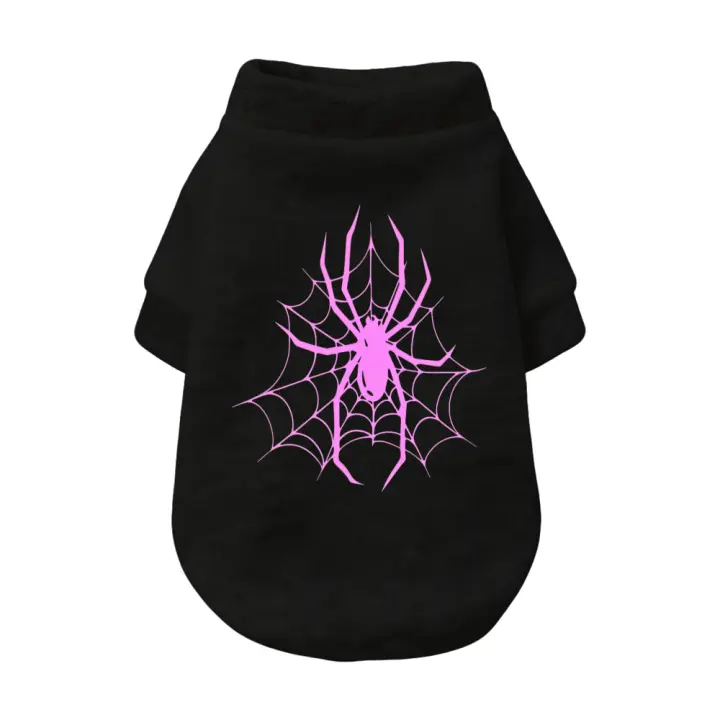 Pink Spider Web Dog Shirt, Spooky Cute Gothic Pet Tee, Black Halloween Puppy Clothes For Small Dogs